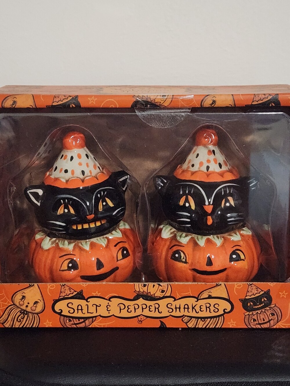 Johanna Parker Halloween Black Cat on Orange Pumpkin Salt & Pepper Shaker Set